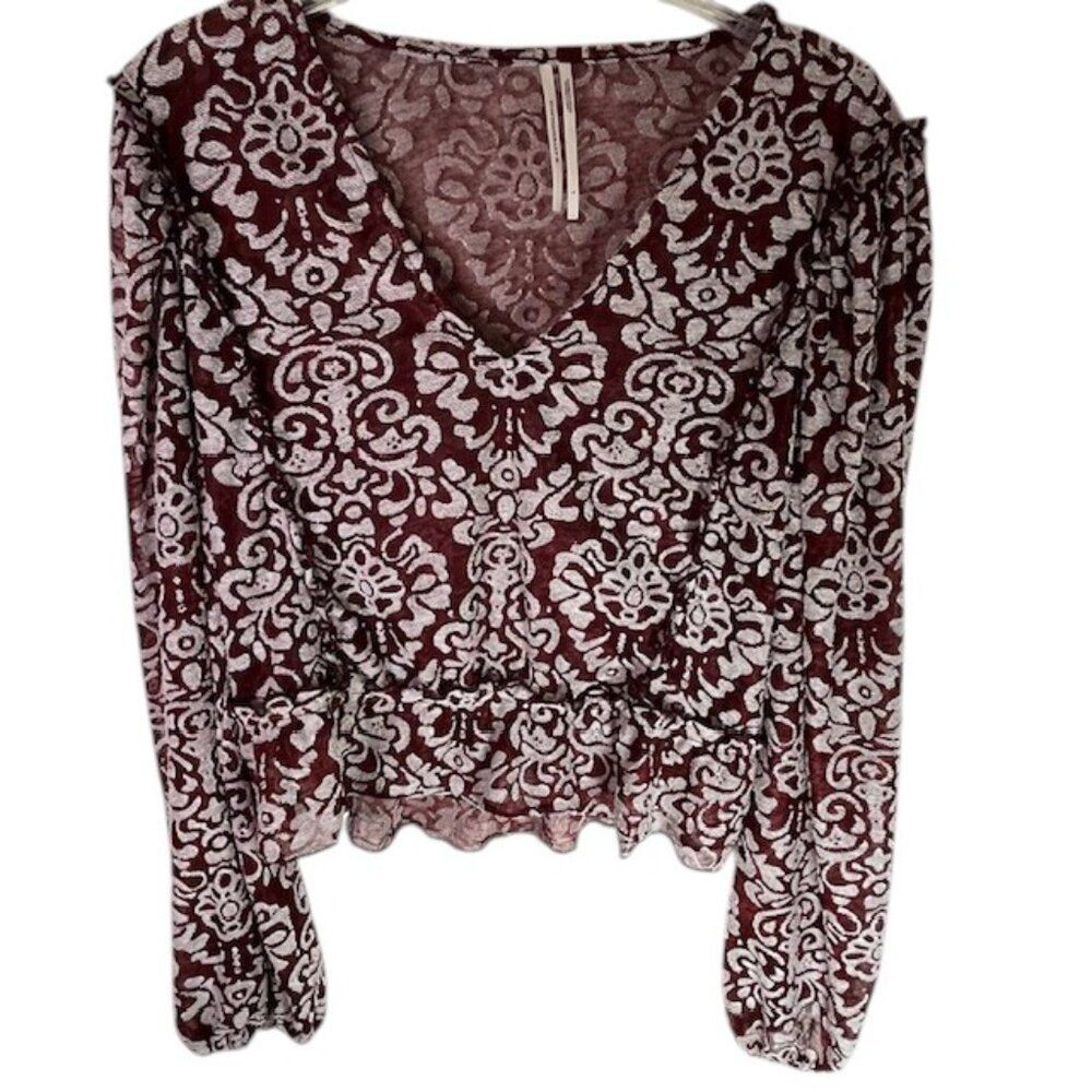Anthropologie Burgundy V Neck Top with Elastic Waist and Peplum Ruffle- Size L